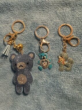 Fashion Blue Rhinestone Bear Keychain Gold Hardware